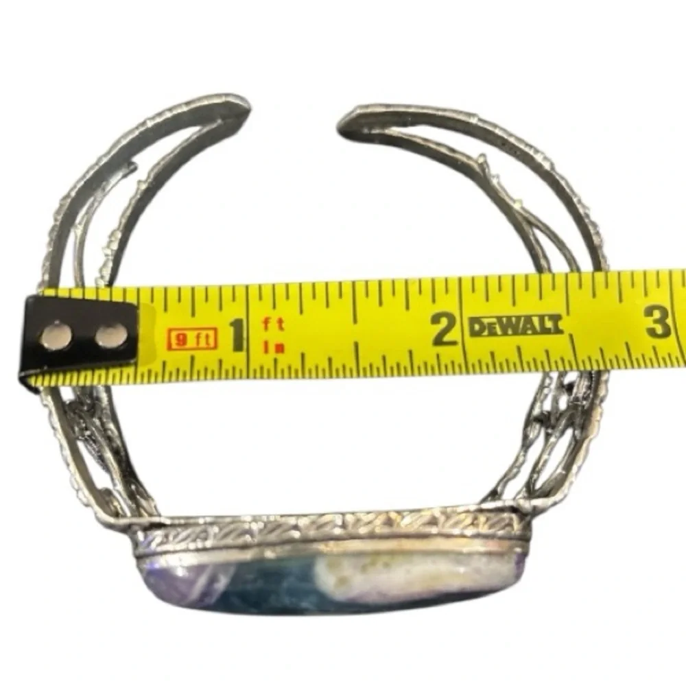 925 Sterling Silver Rainbow Fluorite Pear Shaped Gemstone Boho Cuff Bracelet - Picture 9 of 12